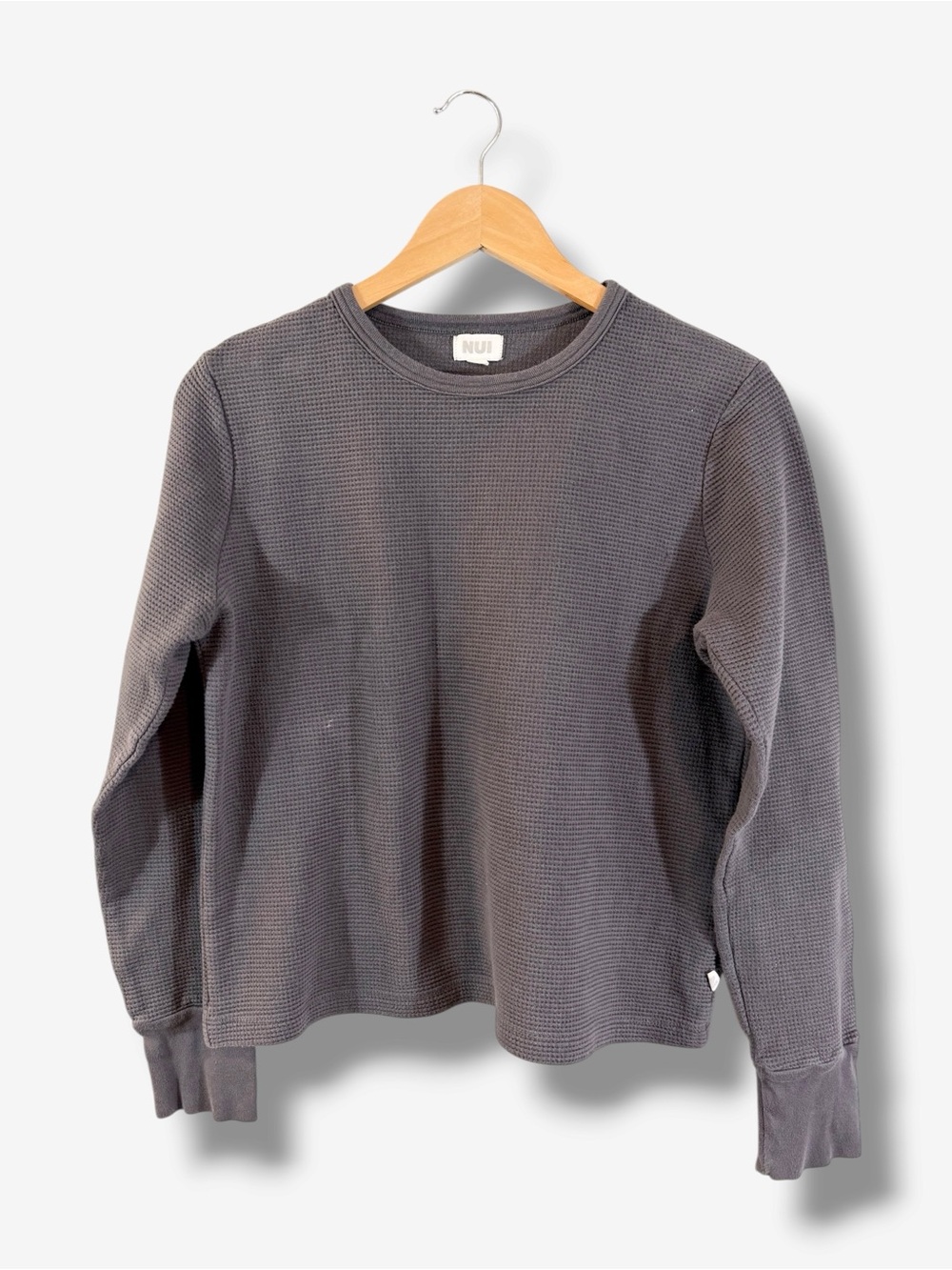 Nui Organics Gray Waffle Knit Thermal Long Sleeve Crewneck Top Size L Minimalist